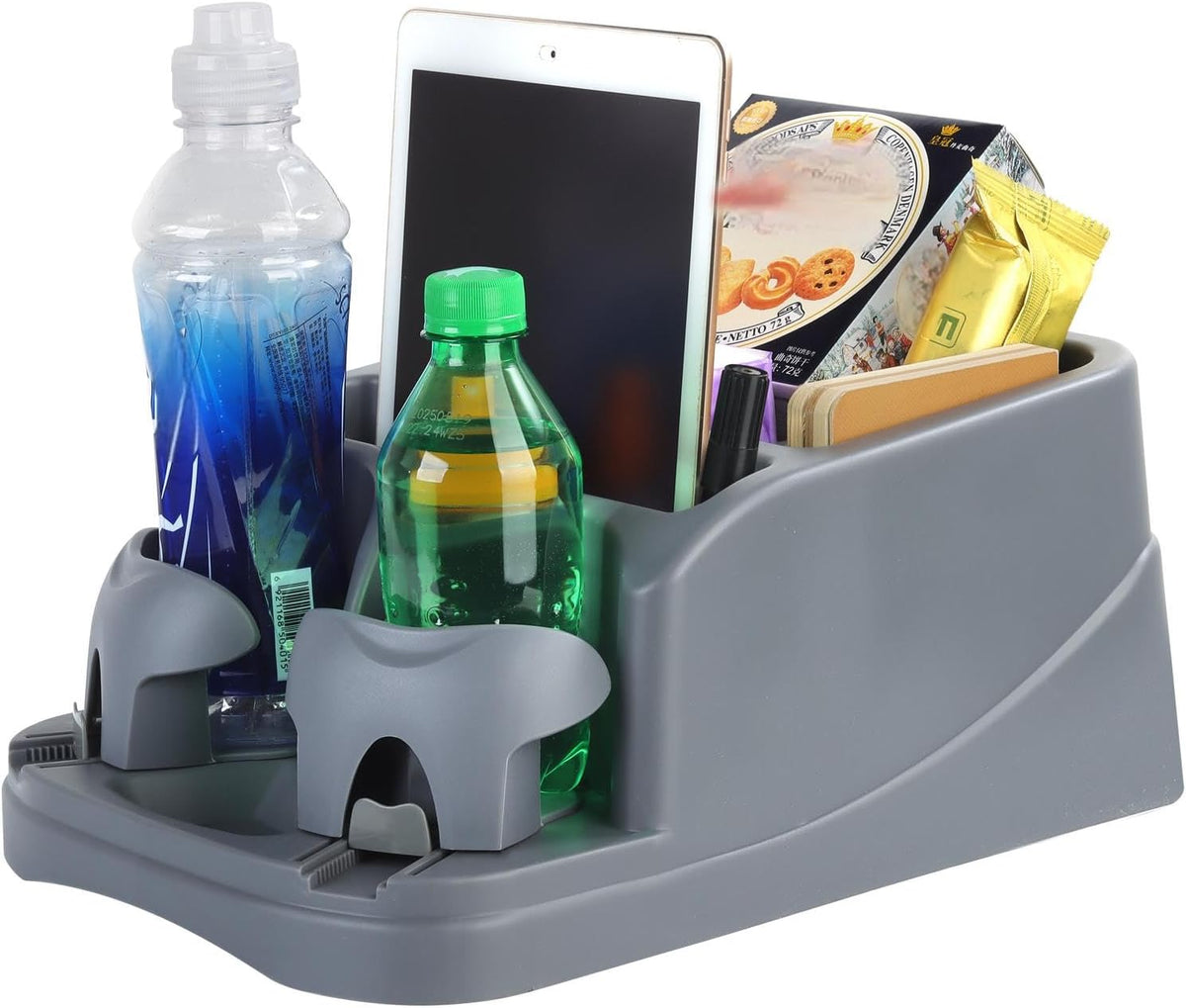 Large Size Plastic Console for Cars, Trucks, Minivans, SUVs with 2 Adjustable Drink Cup Holders Pad Book Holder, Back Bench and Front Seat or Floor Middle Console Universal Vehicle Organizer Pink