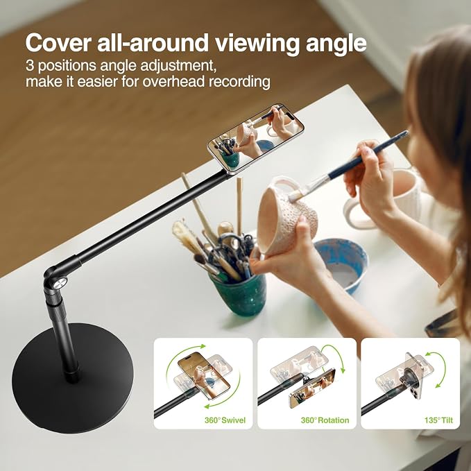 elitehood Magnetic Phone Stand for Overhead Recording, 15 in Long Arm Magsafe