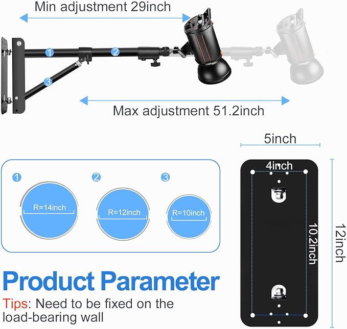 EMART Ring Light Wall Mount Boom Arm, Adjustable 51in/130cm Mounted Overhead