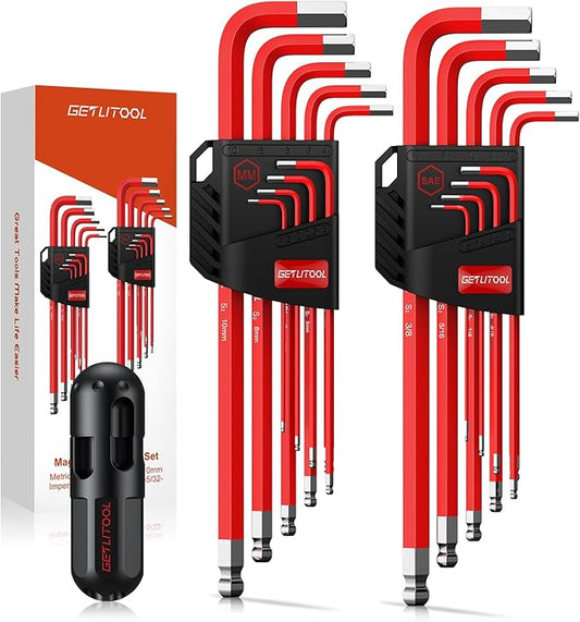 GETLITOOL 18PCS Magnetic Allen Key Set, S2 Steel Long Allen Wrench Set Metric(1.5mm-10mm) & SAE(1/16"-3/8"), Ball End Hex Key L-key with Size-Marked & Torque Handle for Bike Repair, Household DIY