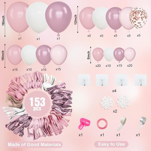 Amandir 153-Piece Pink & White Balloon Arch Garland Kit | Pastel Latex & Metallic Confetti Balloons for Weddings & Parties