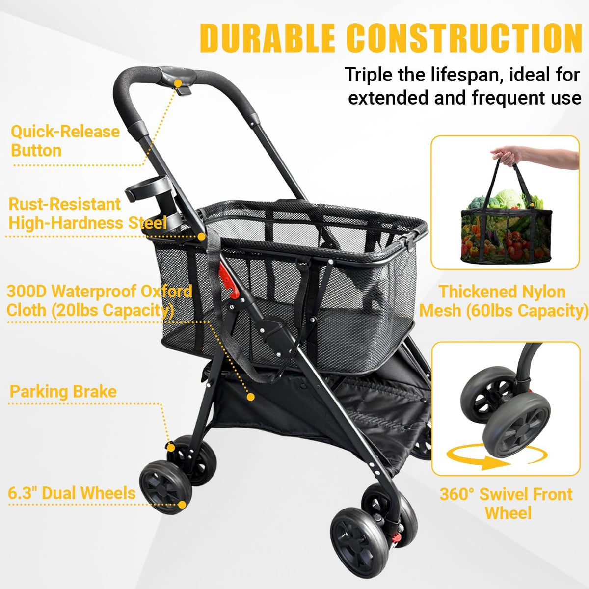 Folding Shopping Cart with Wheels, 80lbs Capacity Shopping Carts for Groceries, Detachable Baskets & 360°Swivel Wheels Collapsible Shopping Carts with Double Basket for Laundry, Camping, Transport