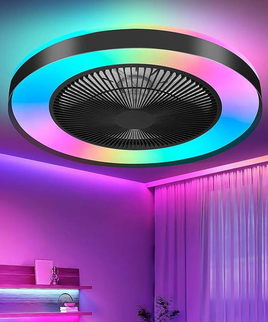 2-in-1 Low Profile Ceiling Fan with Light, 20” Caged Safety Design for Kids - RGB Color, Smart APP/Remote Control, Quiet Flush Mount DC Motor, Metal, Ideal for Bedroom/Living Room/Kitchen, Black