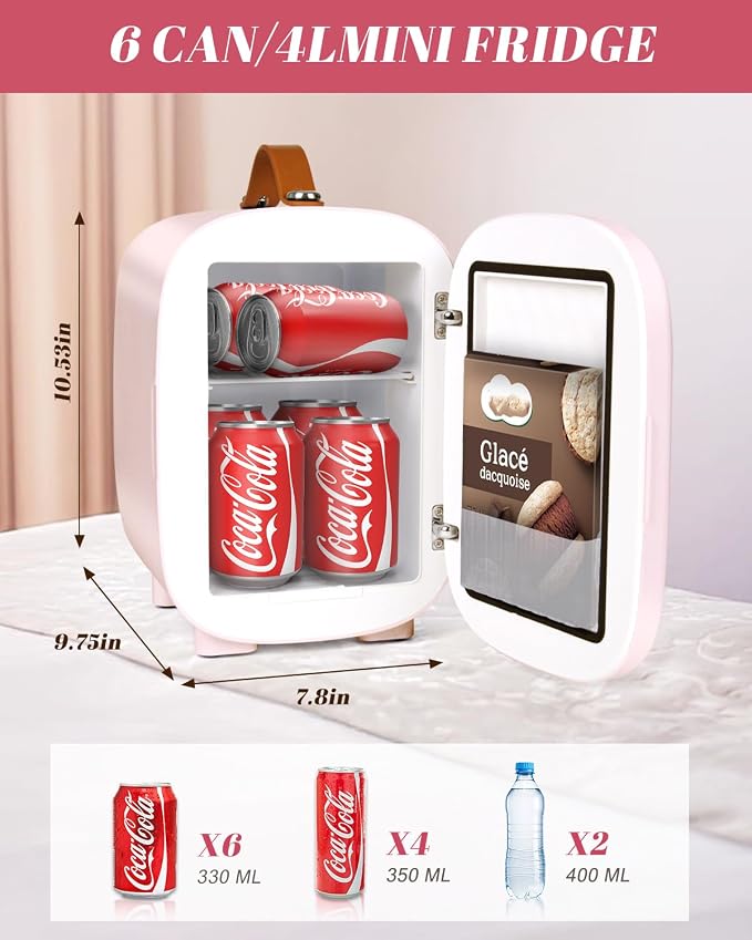 Mini Fridge for Bedroom, 4 Liter/6 Can Skincare Fridge With LED Mirror & Leather Carrying Handle,12v AC/DC Cooler & Warmer Portable Small Refrigerator for Drinks, Makeup, Dorm, Office and Car(Pink)
