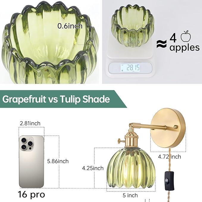 Plug in Wall Sconce, Green Tulip Glass Lampshade Wall Light Plugin Corded for Bedside Bedroom Doorway, 2 Pack