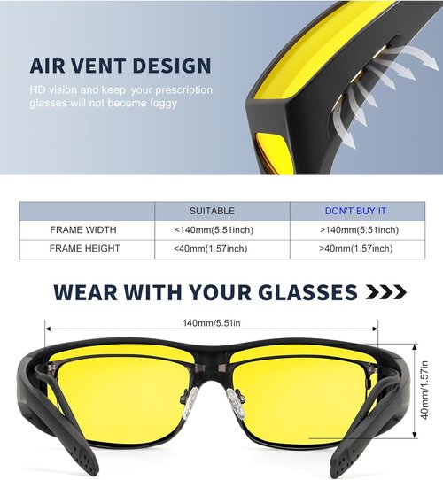 KALIYADI Night Vision Glasses - Anti-Glare Wrap-Around Fit Over Glasses for Men & Women | HD Lens