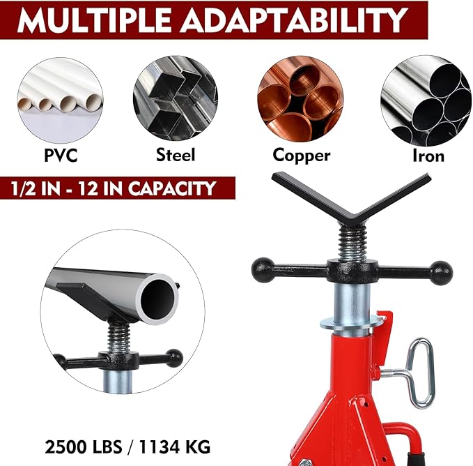 Garvee V Head Pipe Stand, 28 in-52 in Adjustable Height Pipe Jack Stand, Heavy Duty Carbon Steel Body, Steel Jack Stands with Portable Folding Legs, 2500 LB Capacity