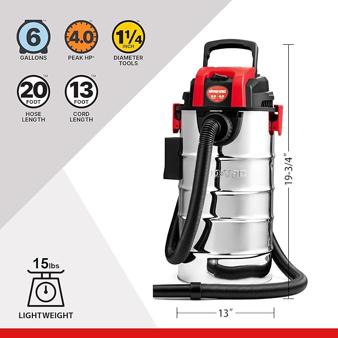 Shop-Vac 6 Gallon 4.0 Peak HP Wet/Dry Vacuum, Wall Mountable Compact Shop Vacuum 91932 Dust Collection Filter Bag for 5 Gallon Wall Mount Vacs, 6 Pack