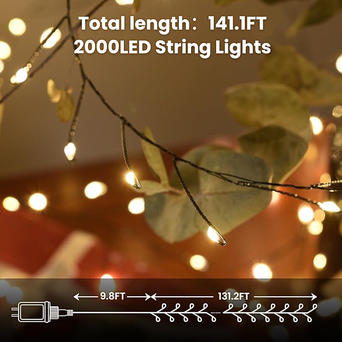 Dailyart Fairy Lights Plug in, 2000 Led Twinkle String Light with Remote 130Ft Waterproof 8 Modes Warm Cluster Lights with Timer for Bedroom Wreath Window Wedding Christmas Tree Decoration,Black Wire