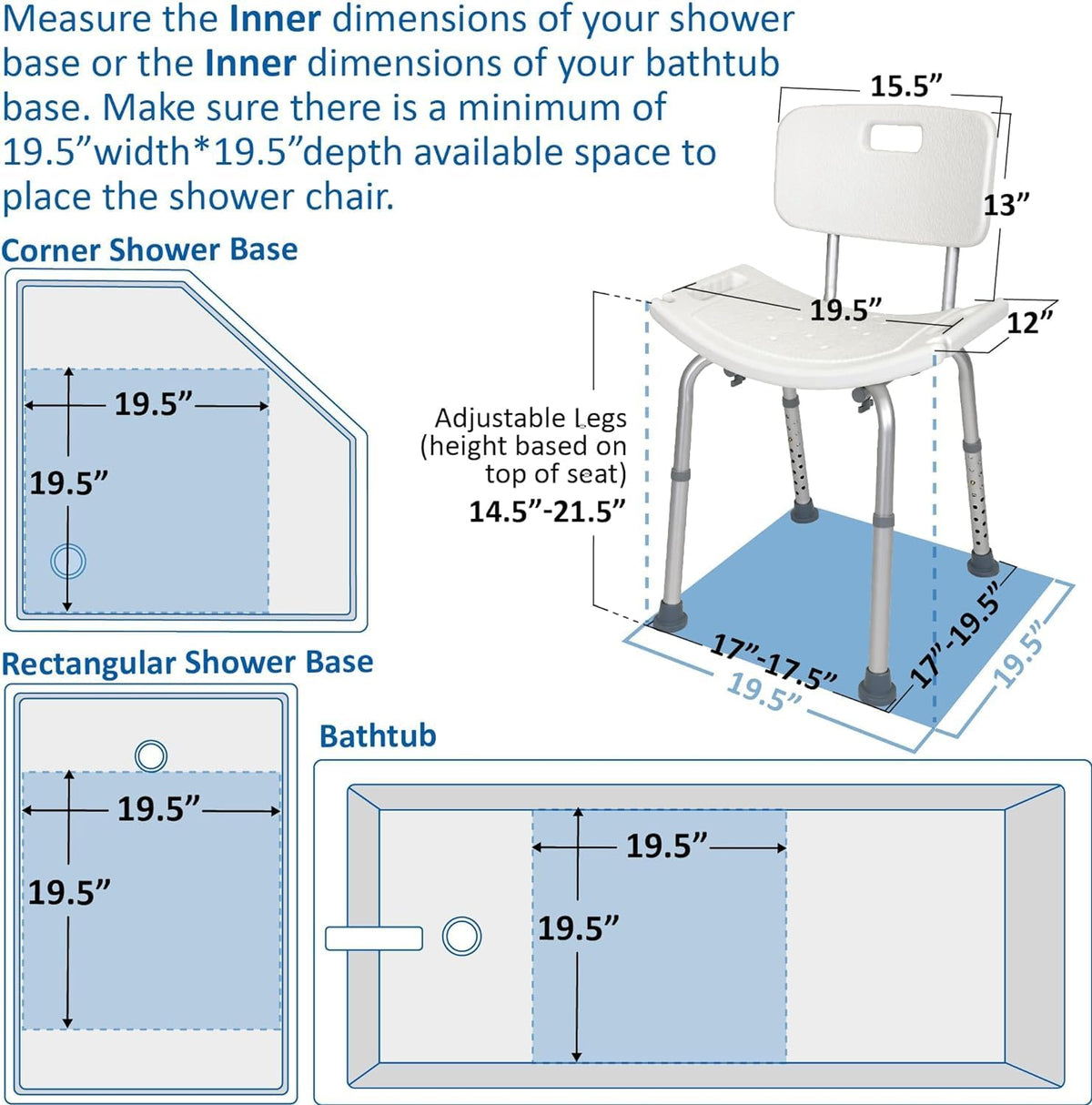 Vaunn Adjustable Shower Chair - Tool-Free Assembly Spa Bathtub Seat with Removable Back | FSA/HSA Eligible
