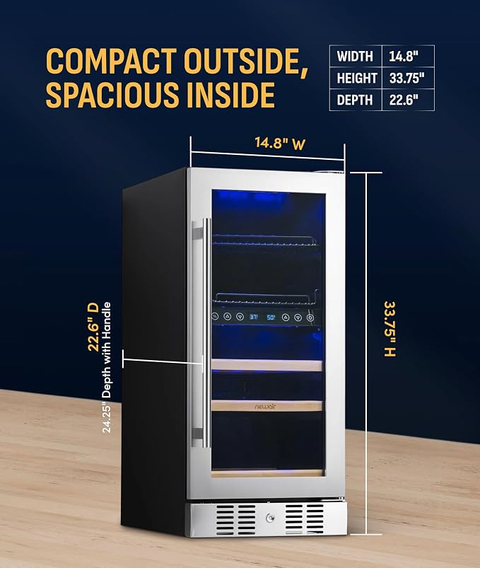 NewAir 15" Dual Zone Beverage Refrigerator & Wine Cooler for 9 Bottles & 48 Cans | Freestanding or Built-In Under Counter Mini Fridge for Beer, Wine and Soda | Stainless Steel