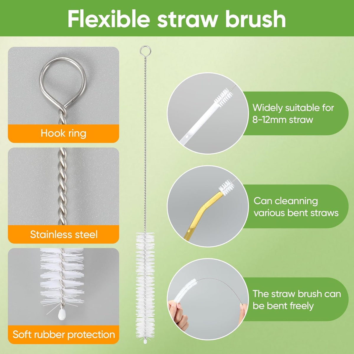 Skiennix 3-Piece Bottle Cleaning Brush Set - Long Wooden Handle for Tumblers & Mugs | Includes Straw & Lid Brushes