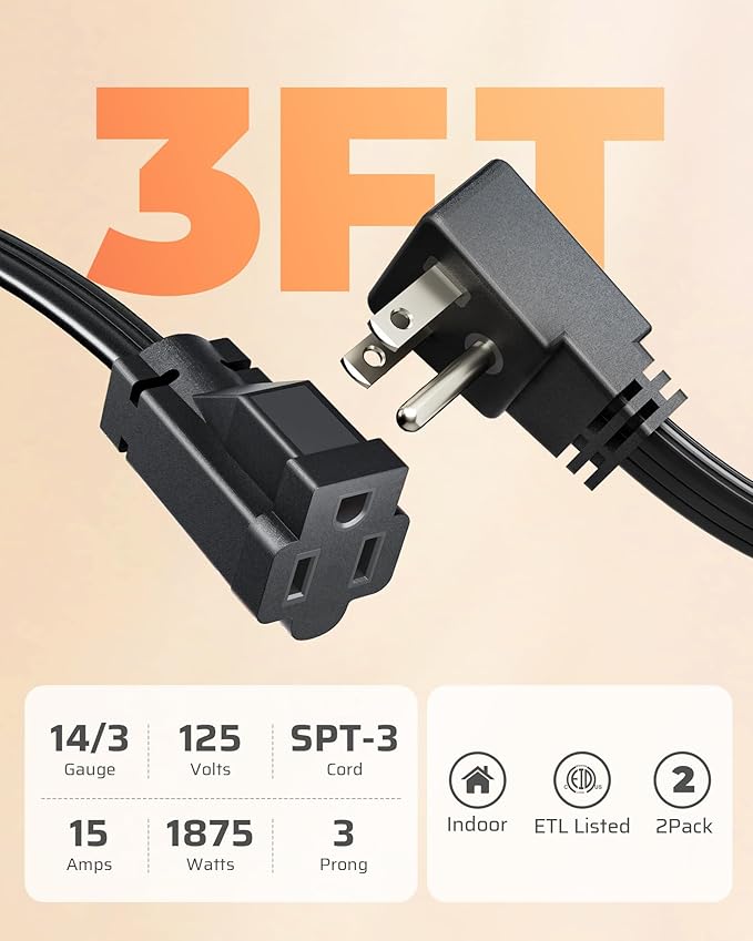 DEWENWILS 3FT Extension Cord with 3-Prong Flat Plug, 15A/1875W 14/3 SPT-3 Flat Wire, Space Saving for Home Office Appliances & Electronics, ETL Listed, 2 Pack, Black