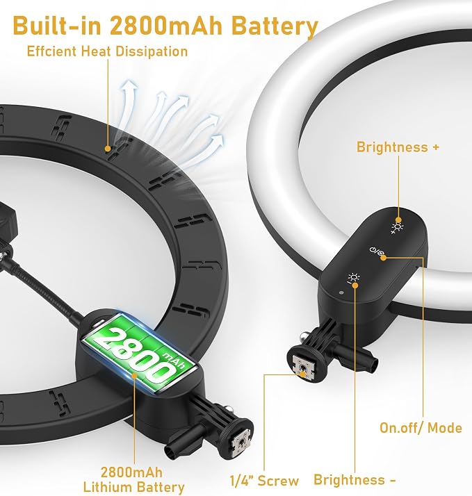 12 inch Ring Light with Stand 2800mAh Rechargeable, LED Circle Selfie Cordless