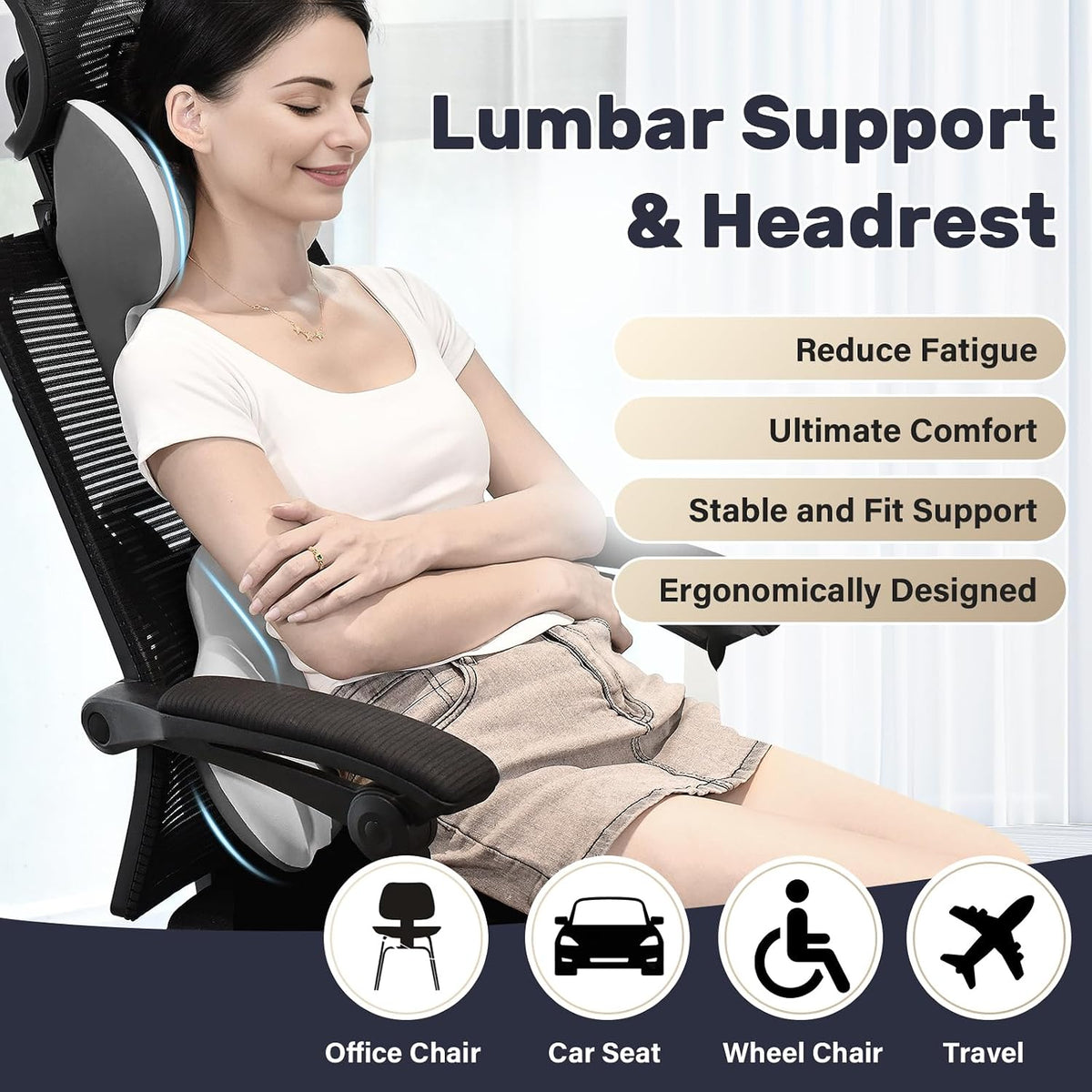 Coverado Lumbar Support and Headrest Pillow for Car, Memory Foam Ergonomic Head Neck Support Pillow for Driving Seat, Back Support and Pain Relief, Seat Cushion for Car, Driver, Office