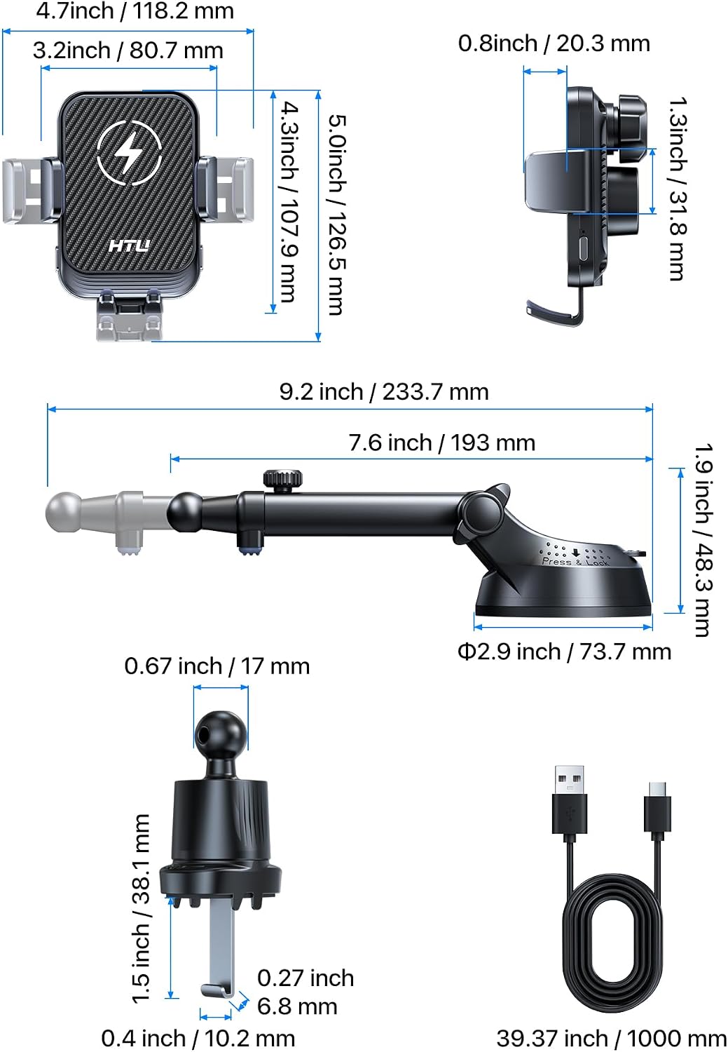 HTU Upgraded 15W Fast Charging Auto-Clamping Wireless Car Charger Mount