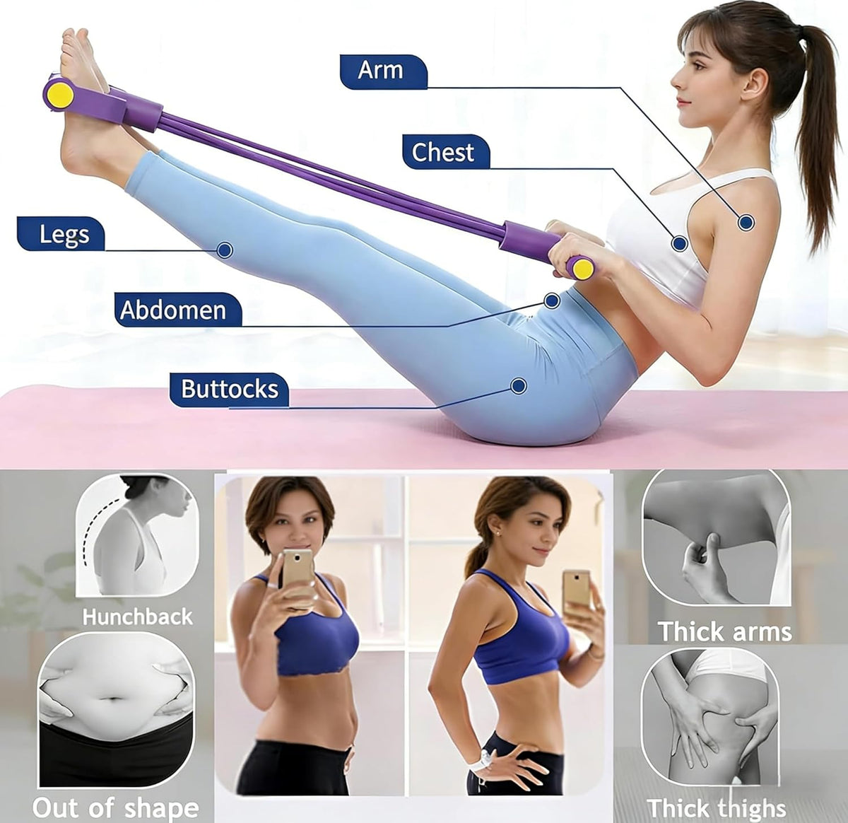 Skiennix Pedal Resistance Bands - 6-Tube Manual Tension Training for Women | Natural Rubber Handles