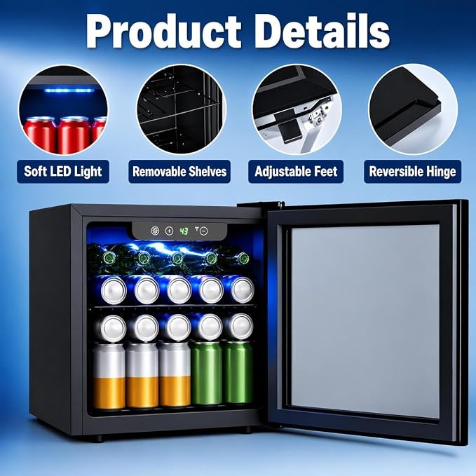 COWSAR Beverage Refrigerator, 50 Cans Wine Cooler, ETL Approved 1.3 Cu.ft Mini Fridge with Glass Door, Adjustable Shelves, Digital Temperature Freestanding Small Drink Fridge for Soda Beer or Wine