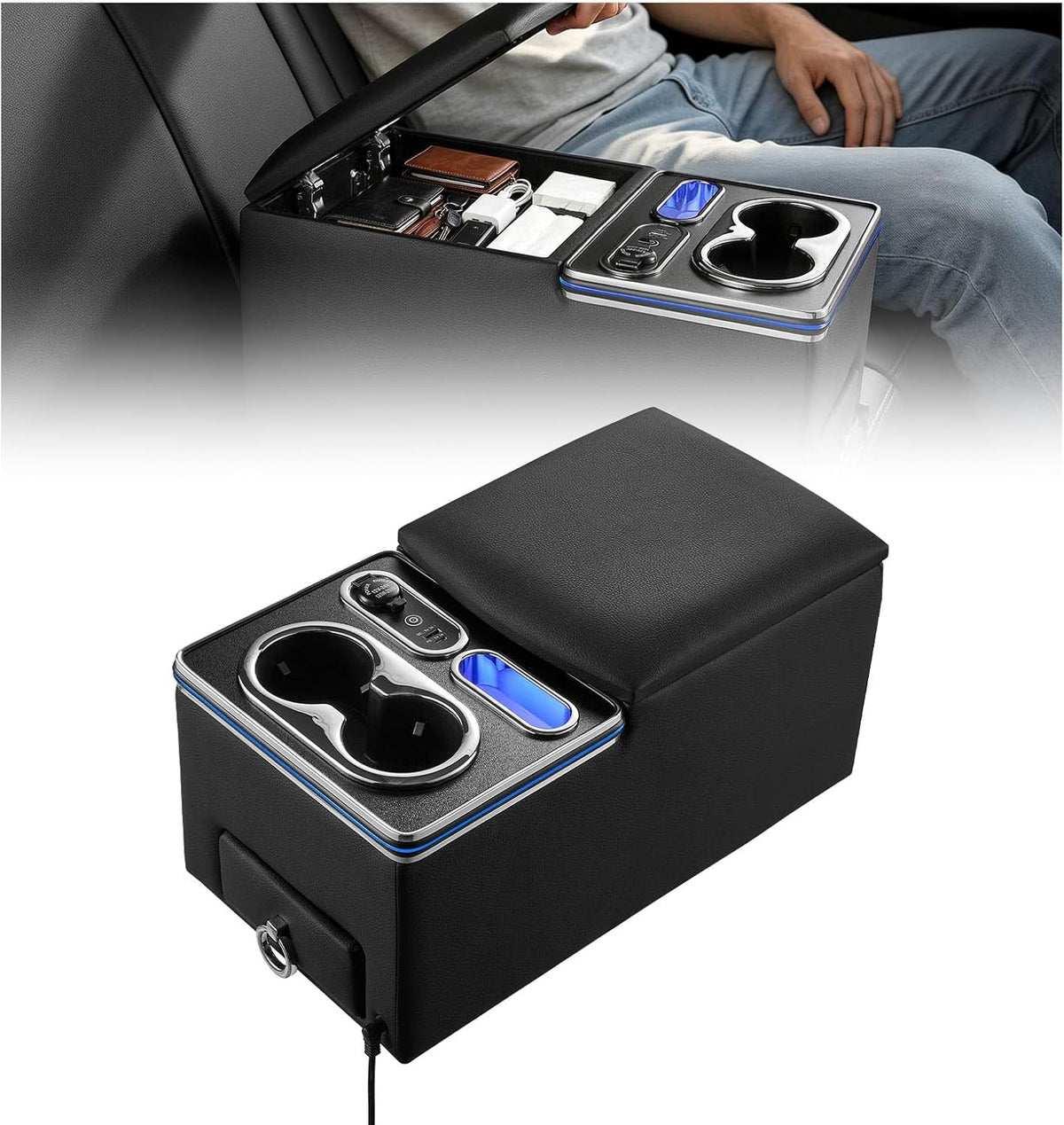 VEVOR Universal Rear Bench Seat Center Console with 7-Color Ambient Lights