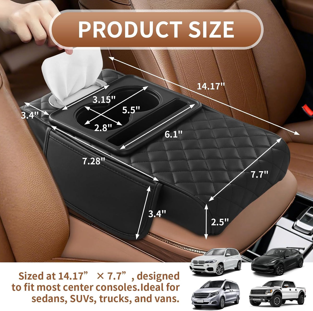 5-in-1 Universal Car Center Console Cover with Cup Holder, Black