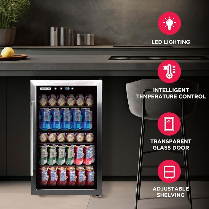 Frigidaire Beverage Refrigerator, Fridge with Glass Door, Compact Mini Fridge with Digital Temperature Control, Fits 115 Cans or 34 Bottles, 96L Capacity - 19.1" D x 17.5" W x 31.2" H