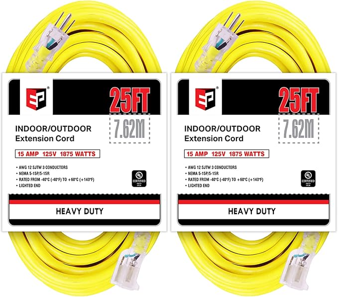 EP 2 Pack 25 Ft Lighted Outdoor Extension Cord - 12/3 SJTW Heavy Duty Yellow Extension Cable with 3 Prong Grounded Plug - Power Cord for Lawn, Garden, Appliances
