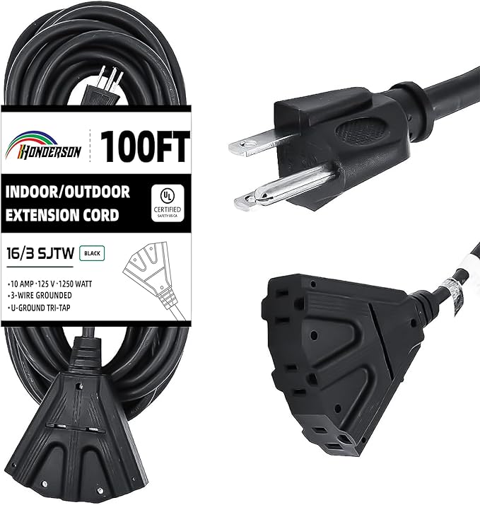 3-Outlets Indoor Outdoor Extension Cord Weatherproof, UL Certified, 16 Gauge 100FT Black 3 Prong Heavy Duty, 16/3 SJTW 10A Power Cord