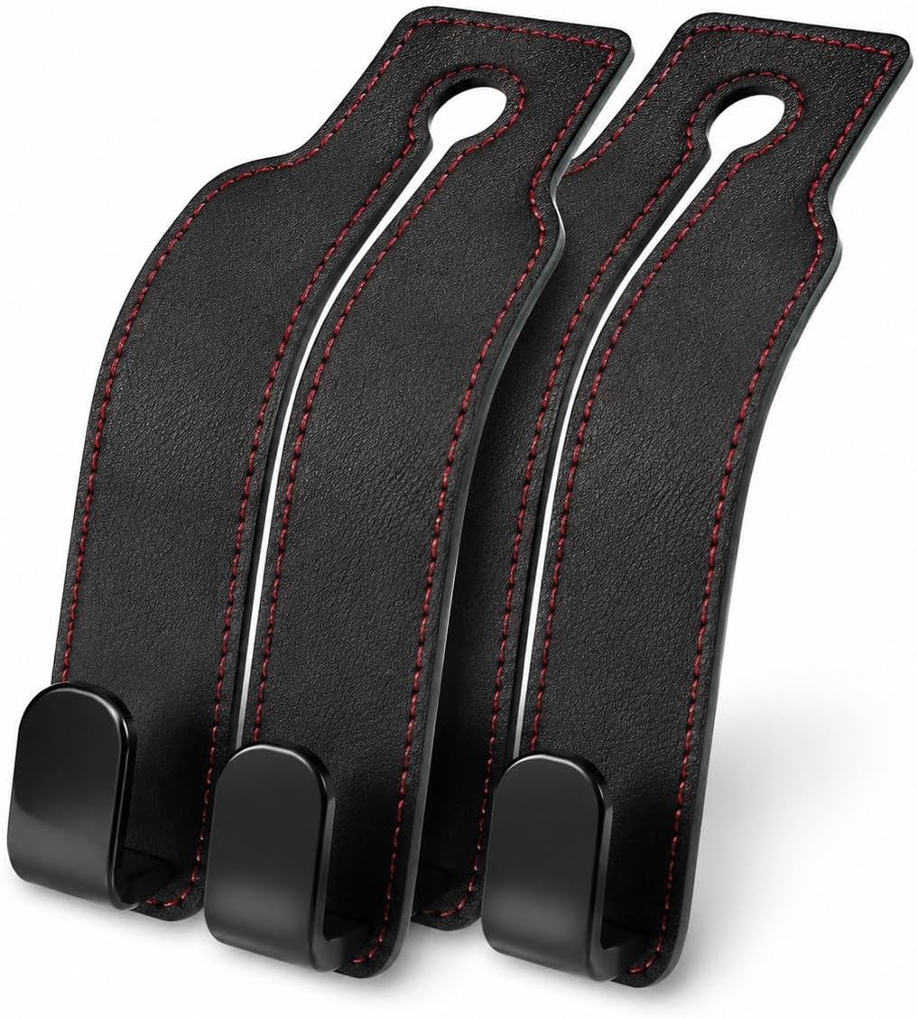 2 Pack Car Seat Headrest Hooks, Black Leather Car Purse Hangers with Red Stitching, Vehicle Back Seat Organizer Hooks for Handbags, Grocery Bags, Keys, Jackets and Accessories