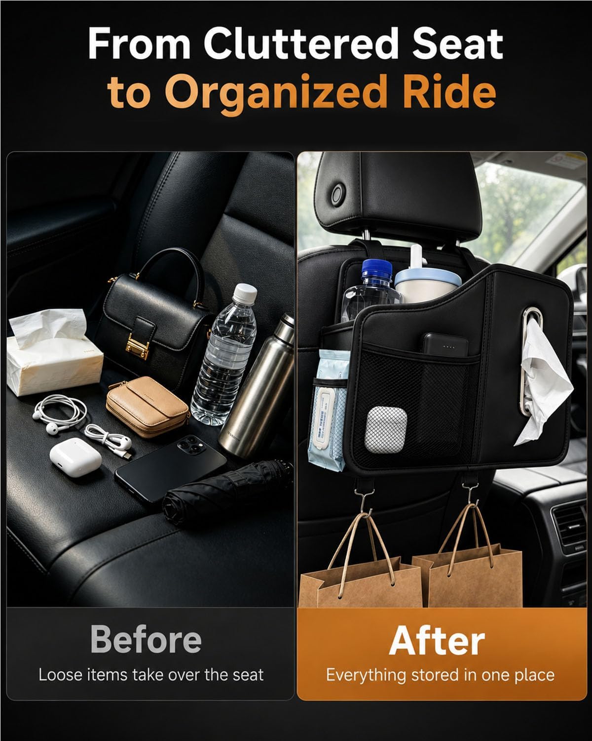 Car Tissue Holder, Leather Back Seat Organizer with Cup Holder & 2 Hooks
