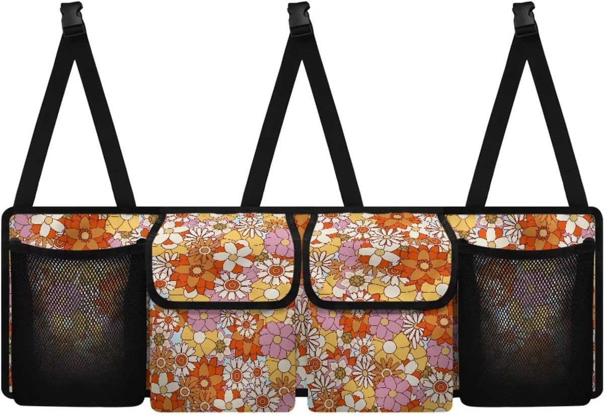 Hippie Flower Car Trunk Organizer,Backseat Hanging Large Storage with Adjustable Straps,Waterproof Collapsible Cargo Bag,Car Interior Accessories for Auto SUV