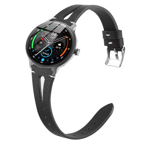Lamshaw DR03, DR05, DR06 Smart Watches Bands, Quick Release Slim Vintage Leather Strap Replacement Compatible with Yoever, KIBFLE, TOOBUR, DR03, DR05, DR06 Smart Watches (Black, 18mm size band)