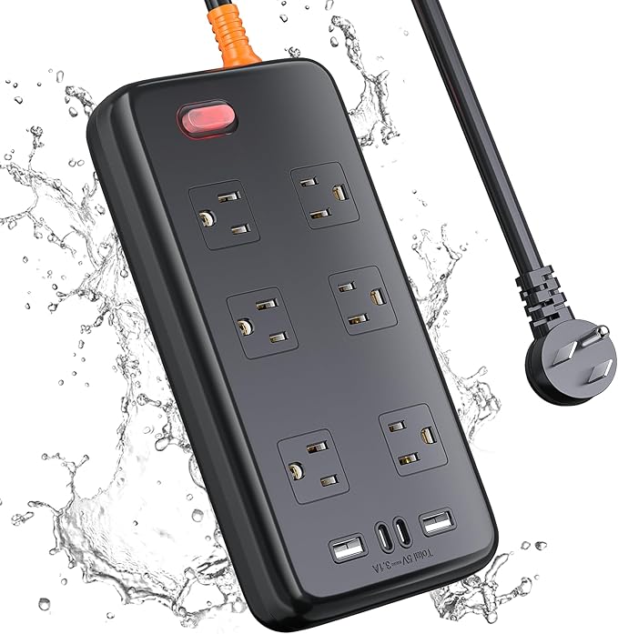 Outdoor Power Strip Weatherproof, IPX6 Waterproof Surge Protector with 6 Wide Outlets and 2USB A&2USB C, 1625W/13A, 6FT Extension Cord, Wall Mountable for Indoor Outdoor, UL FCC Listed