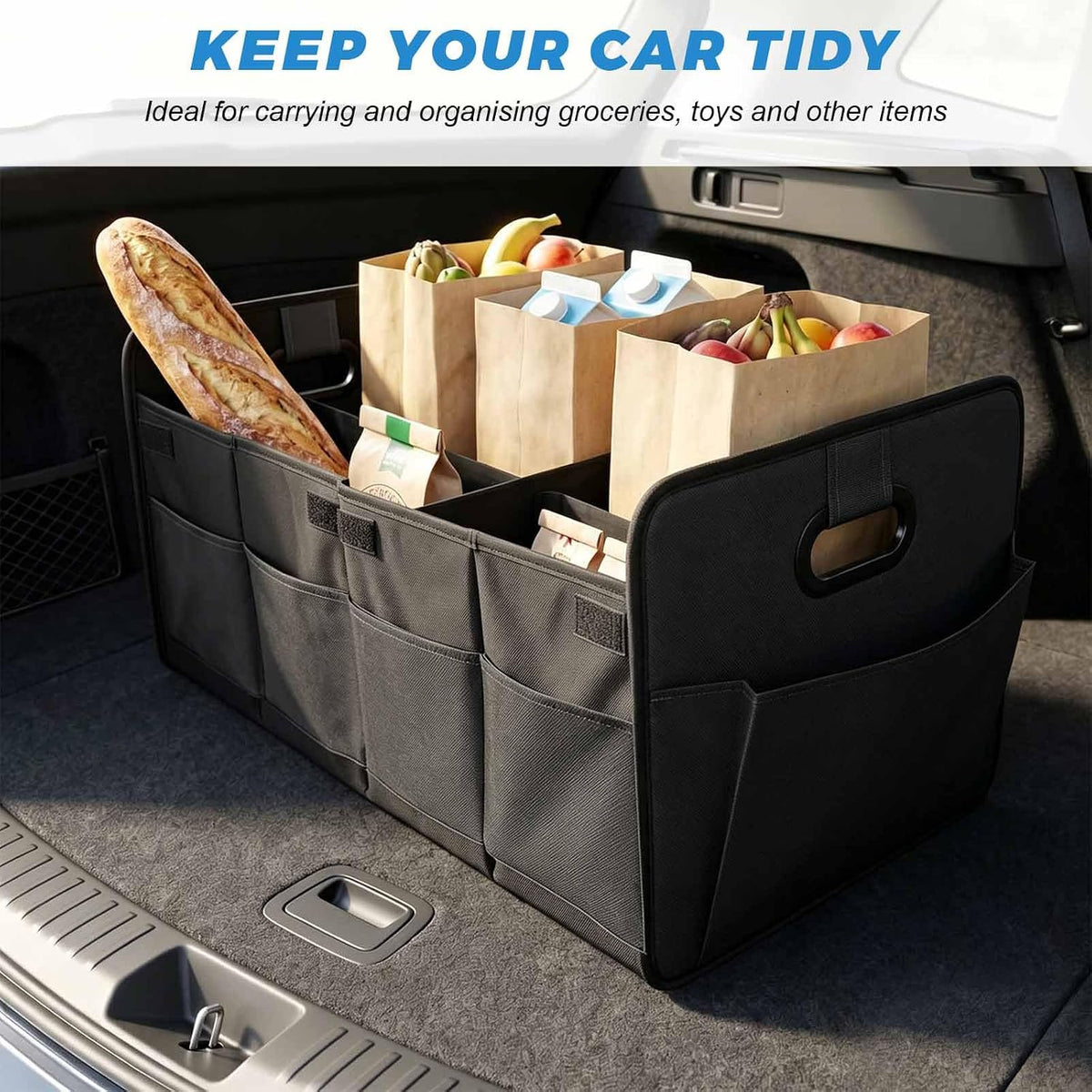 Trunk Organizer, Multi-Compartment Auto Storage Organizer with Reinforced Handles, Foldable Waterproof Oxford Trunk Cargo Storage Box for Most Vehicles, Car Accessory (Black)