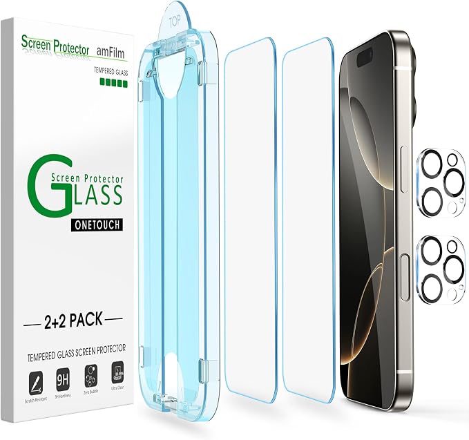 amFilm Auto-Alignment OneTouch for iPhone 16 Pro Screen Protector + Camera Lens