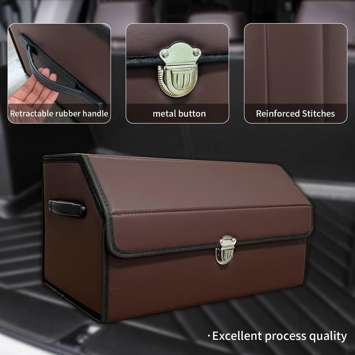 Trunk Organizer for Car With Lid,Foldable Trunk Organizer for SUVs & Sedans,Multi-Functional Leather Storage Box - Brown - Small
