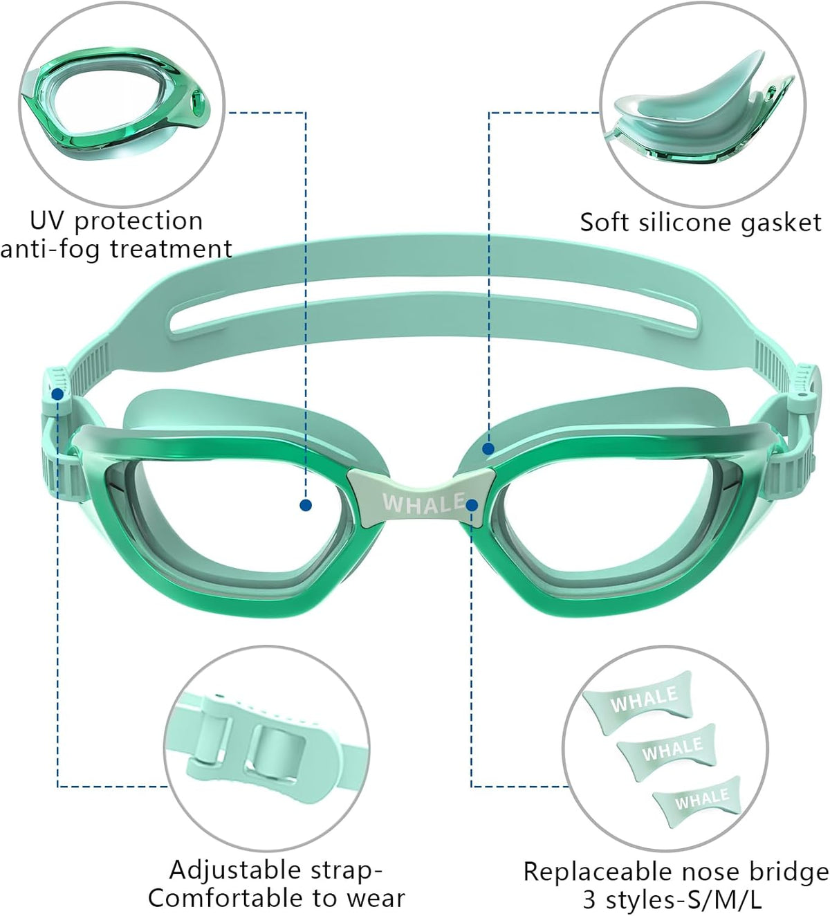 Whale Kids Swim Goggles - Anti-Fog & UV Protection | Adjustable Youth Goggles for Ages 6-14