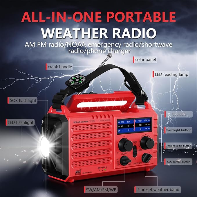 Emergency Solar Hand Crank Radio, AM/FM/SW NOAA Weather Alert Radio, Flashlight
