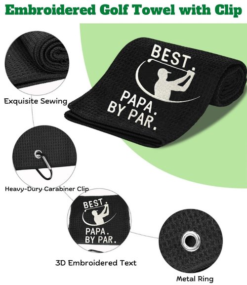 Funny Golf Towel, Best PAPA by Par, Golf Gifts for Men - Golf Accessories for Men, Embroidered Towels for Bags with Clip, Black