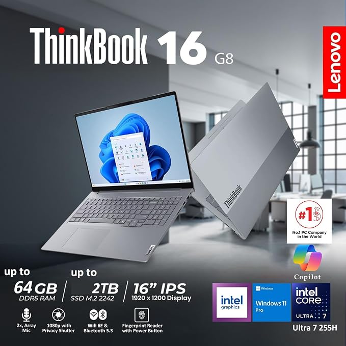 Lenovo ThinkBook 16 Gen 8 Laptop, Intel Core Ultra 7, 32GB DDR5, 1TB SSD | 16" laptop, fingerprint security, Win 11 Pro, DDR5 memory, SSD storage, ideal for business professionals