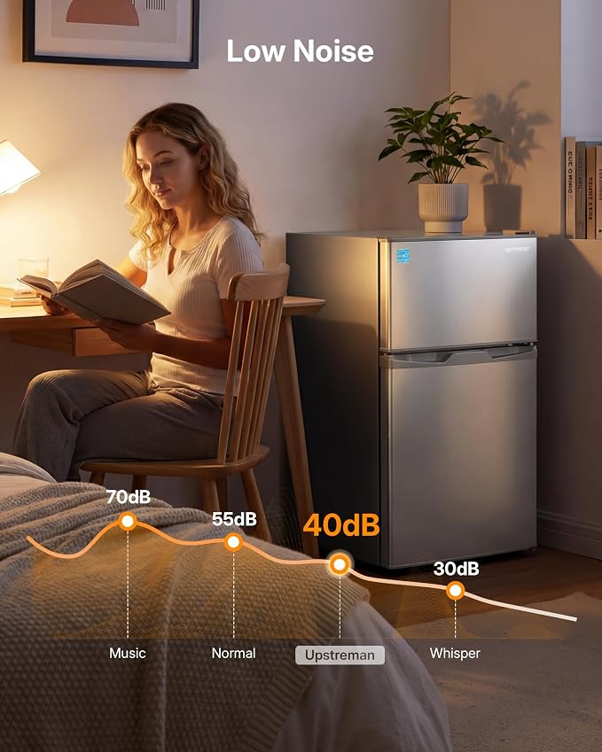 Upstreman 3.1 Cu.Ft Mini Fridge with Freezer, Double Door Small Refrigerator, Adjustable Thermostat, Energy Star Certified Low Noise Mini Refrigerator for Bedroom, Dorm, Apartment Silver-TM31