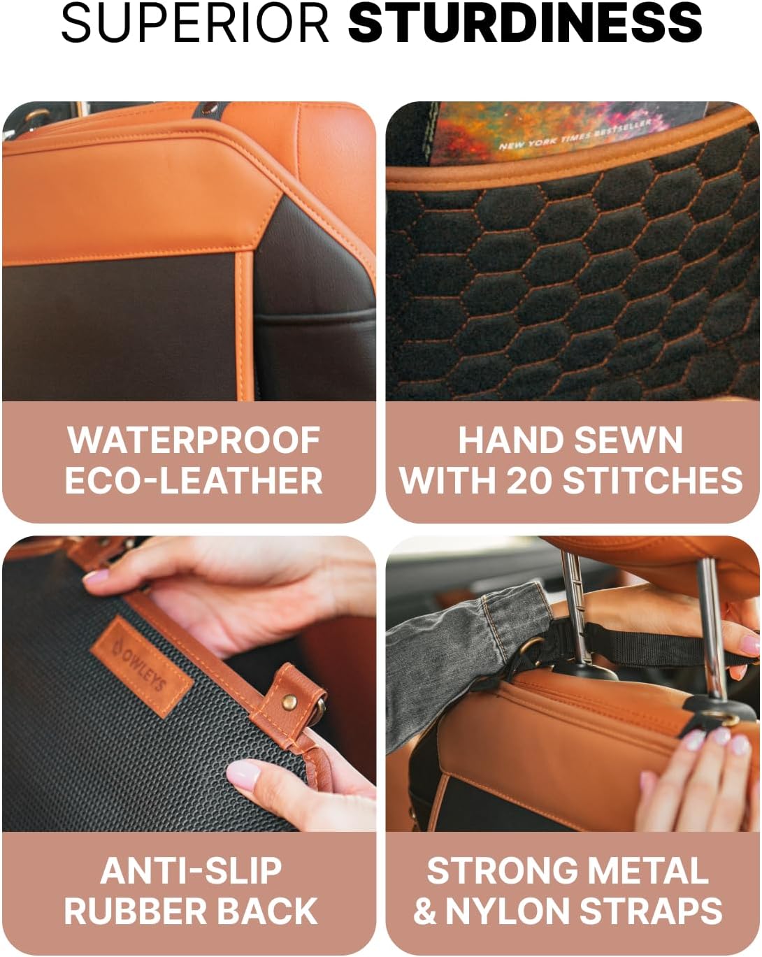 Owleys Over the Car Seat Organizer and Kick Mat Set, 2 Pc, Black/Tan