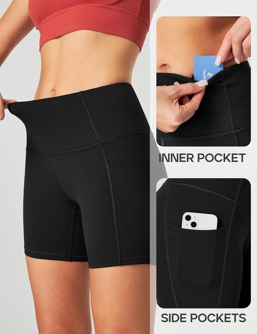 Heathyoga Biker Shorts for Women - High Waisted Tummy Control with Pockets | 5" Spandex Workout Shorts