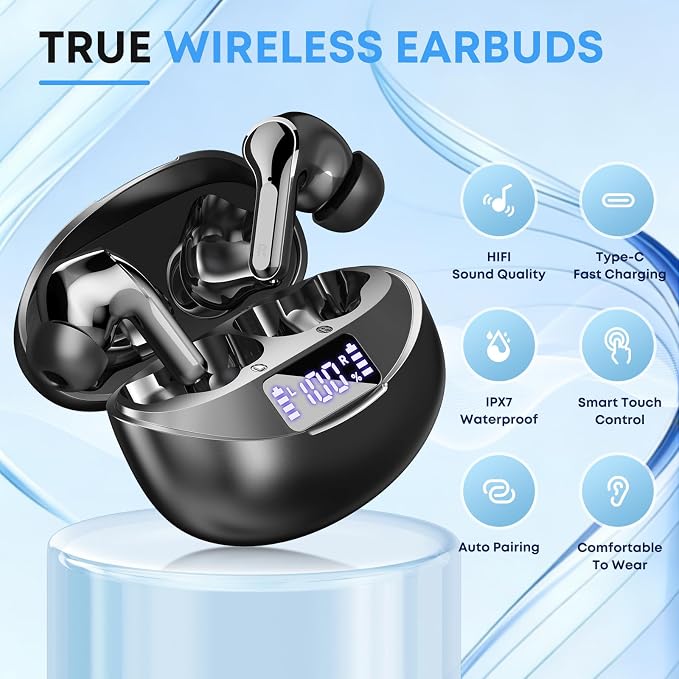 Wireless Earbuds Bluetooth 5.4 Headphones, Noise Cancelling Mic Ear Buds with 50H Playback, LED Digital Display, IPX7 Waterproof Earphones for Office/Running/Workout