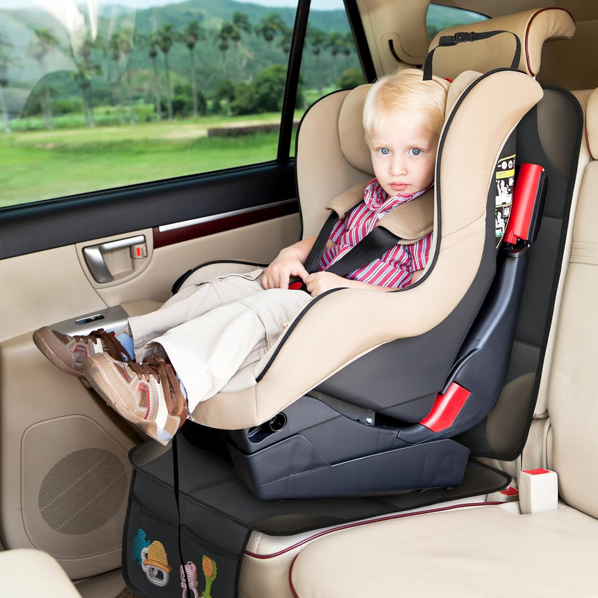 Car Seat Protector for Child Carseat, 1 Pack Protect Car Seats Cover for Baby with Thickest Padding and Non-Slip Padded Backing Mesh Pockets Kids Pets Car Back Seat Protectors(Darkgrey)