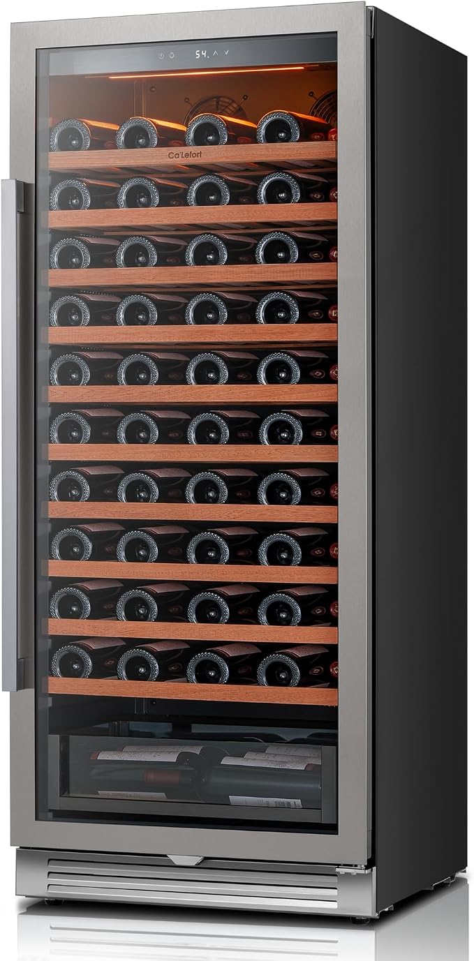 Ca'Lefort 24 Inch Wine Fridge, 90 Bottle Built-In Wine Cooler | 55-Inch Tall Wine Cellar, Quiet Inverter Compressor, Precise 40-65°F Temperature Control, Glide-Out Shelves & Storage Drawer