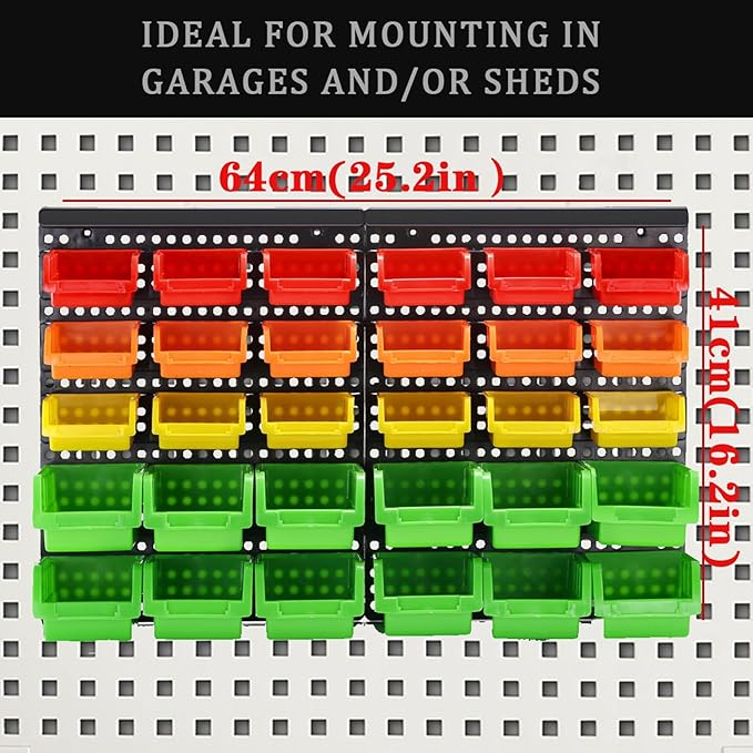 MULSAME Wall Mounted Storage Bins Parts Rack 4 Colors Bin Organizer Garage Plastic Shop Tool, Garage Organizers and Storage (Style-Vivid) 25.2"*16.2"