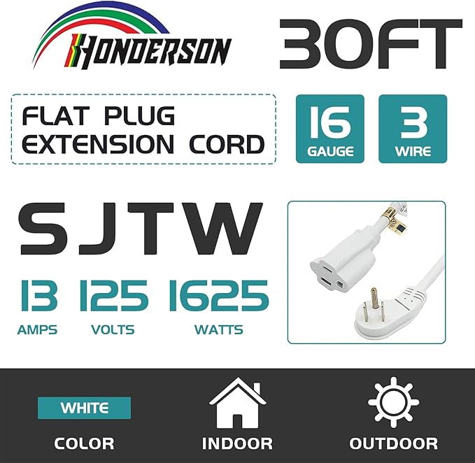 Flat Plug Indoor Extension Cord, UL Certified, 16 Gauge 30FT White 3 Prong Heavy Duty, 16/3 SJTW 13A Power Cord for Lights, Appliances, Home