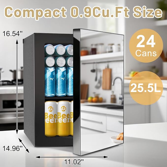 24 Can Mini Fridge with Mirror, 0.9 Cu.Ft Compact Beverage Quiet | 7-Temperature Control Cooler for Soda, Beer, Wine & Beauty Products, Small Refrigerator for Bedroom, Dorm, Office