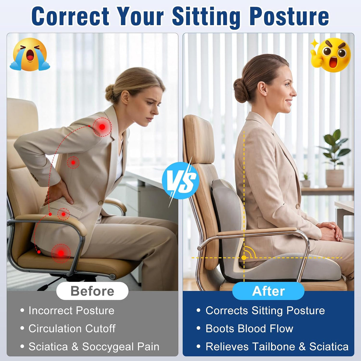 Car Seat Cushion with Lumbar Support Pillow, Memory Foam Office Chair Cushion for Back Pain Sciatica Pain Relief, Ergonomic L-Shaped Seat Cushion for Car Truck Driving Office Chair Home (White Gray)