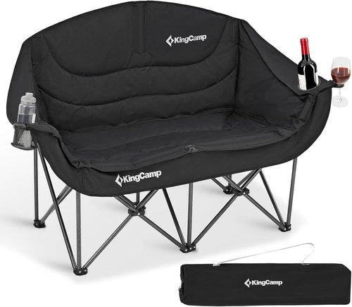 KingCamp Double Camping Chair - Oversized Heavy Duty 660lbs Loveseat for 2 | Portable Folding Couch with Cup Holder - Black
